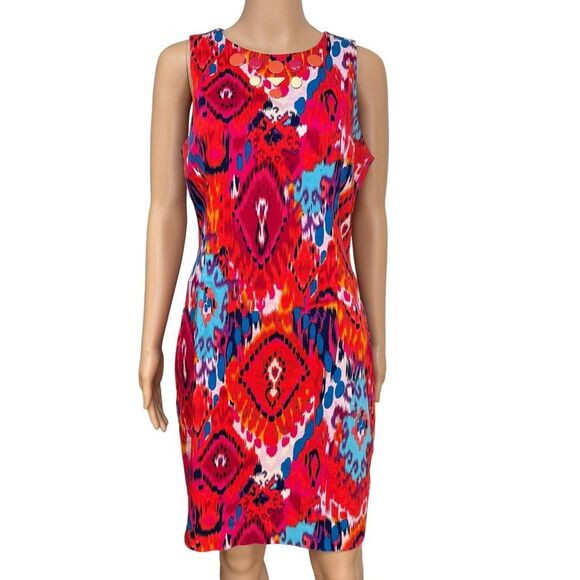 Belle BADGLEY MISCHKA Ikat Sheath Dress, Orange Pink Multi-color size 10 cotton - Picture 3 of 11